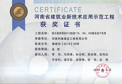 “恒大綠洲項(xiàng)目A10地塊17#、18#、19#樓及地下車(chē)庫(kù)工程”榮獲“河南省建筑業(yè)新技術(shù)應(yīng)用示范工程”金獎(jiǎng)