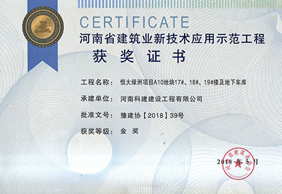 “恒大綠洲項(xiàng)目A10地塊17#、18#、19#樓及地下車(chē)庫(kù)工程”榮獲“河南省建筑業(yè)新技術(shù)應(yīng)用示范工程”金獎(jiǎng)